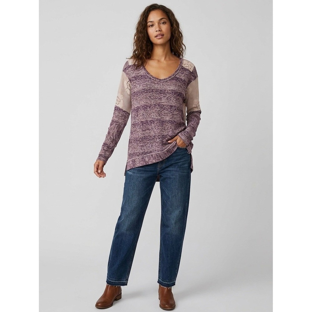 Free People We The Free Purple Space Dye Crochet Lace Knit Top Womens Medium